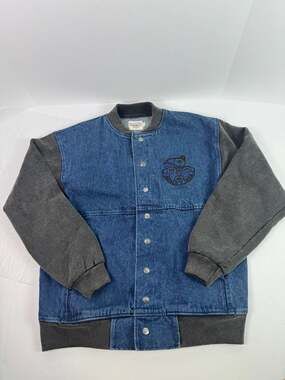 Vintage Fuzzy Stonewash Denim Varsity Jacket, Haida Art Embroidery, Size Mens S